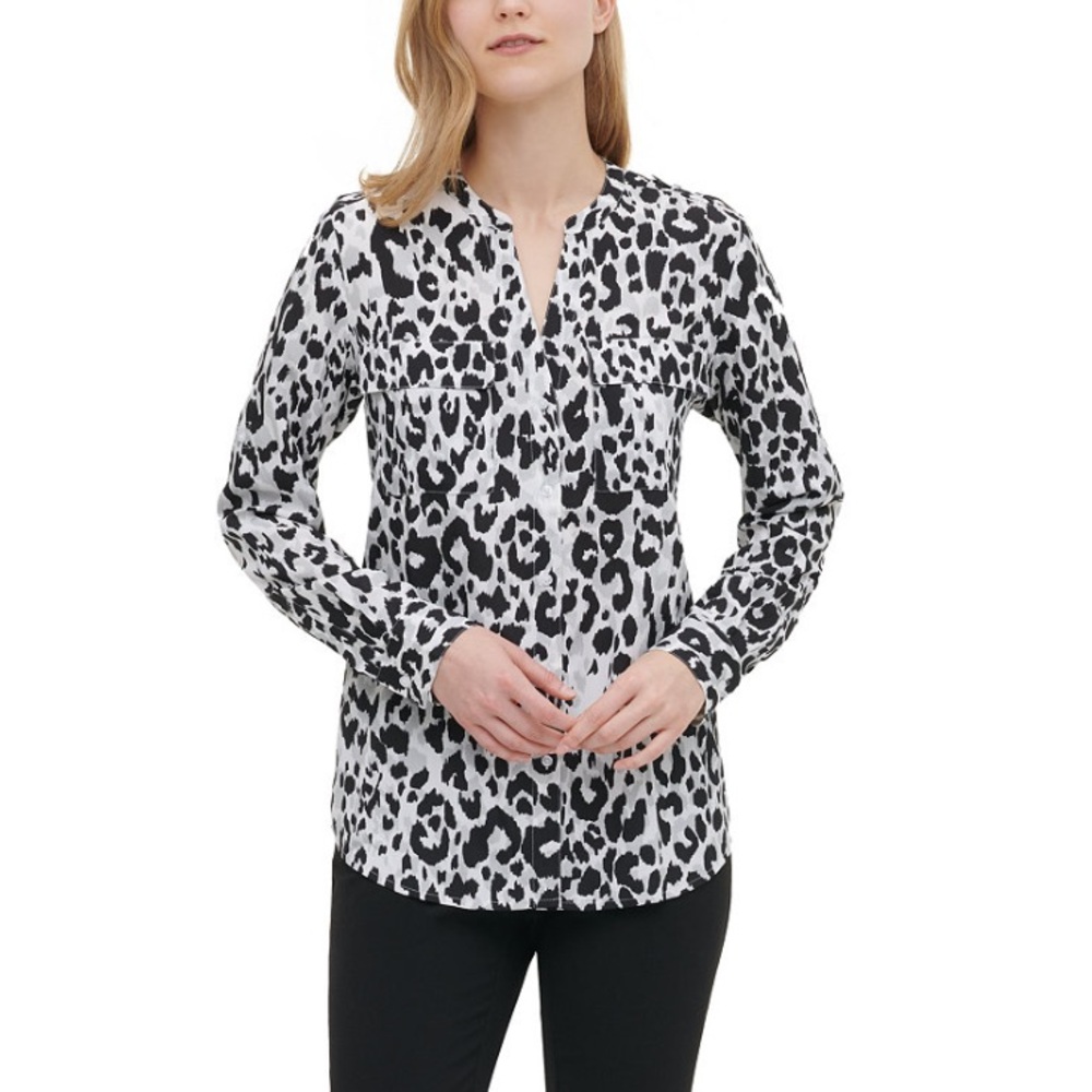 Calvin Klein Printed Roll Tab Sleeve Blouse